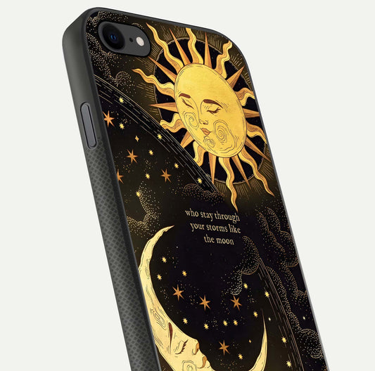 Golden Lunar Love Glass Case for iPhone 8 close-up angled shot showing moon glow, texture, and reflection polish