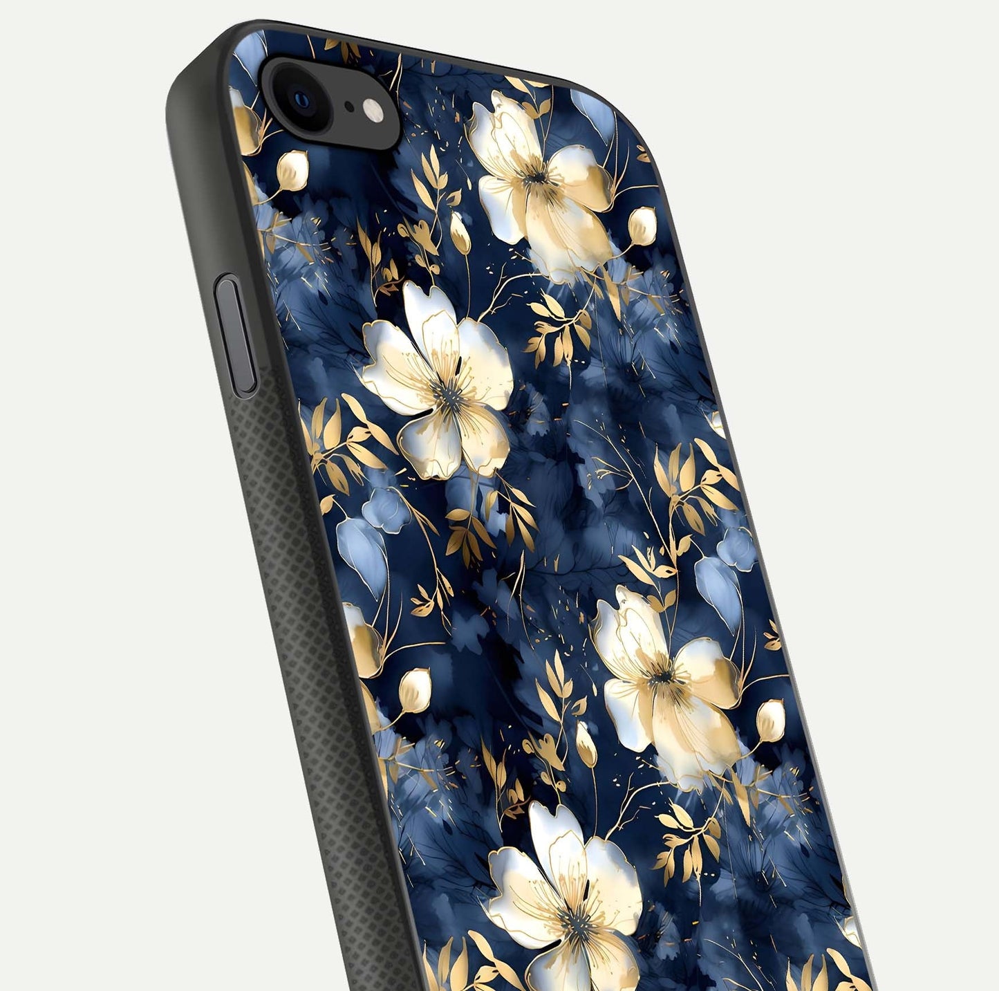 Golden Midnight Bloom Glass Case for iPhone 8 close-up angled shot showing floral detail and reflection shine
