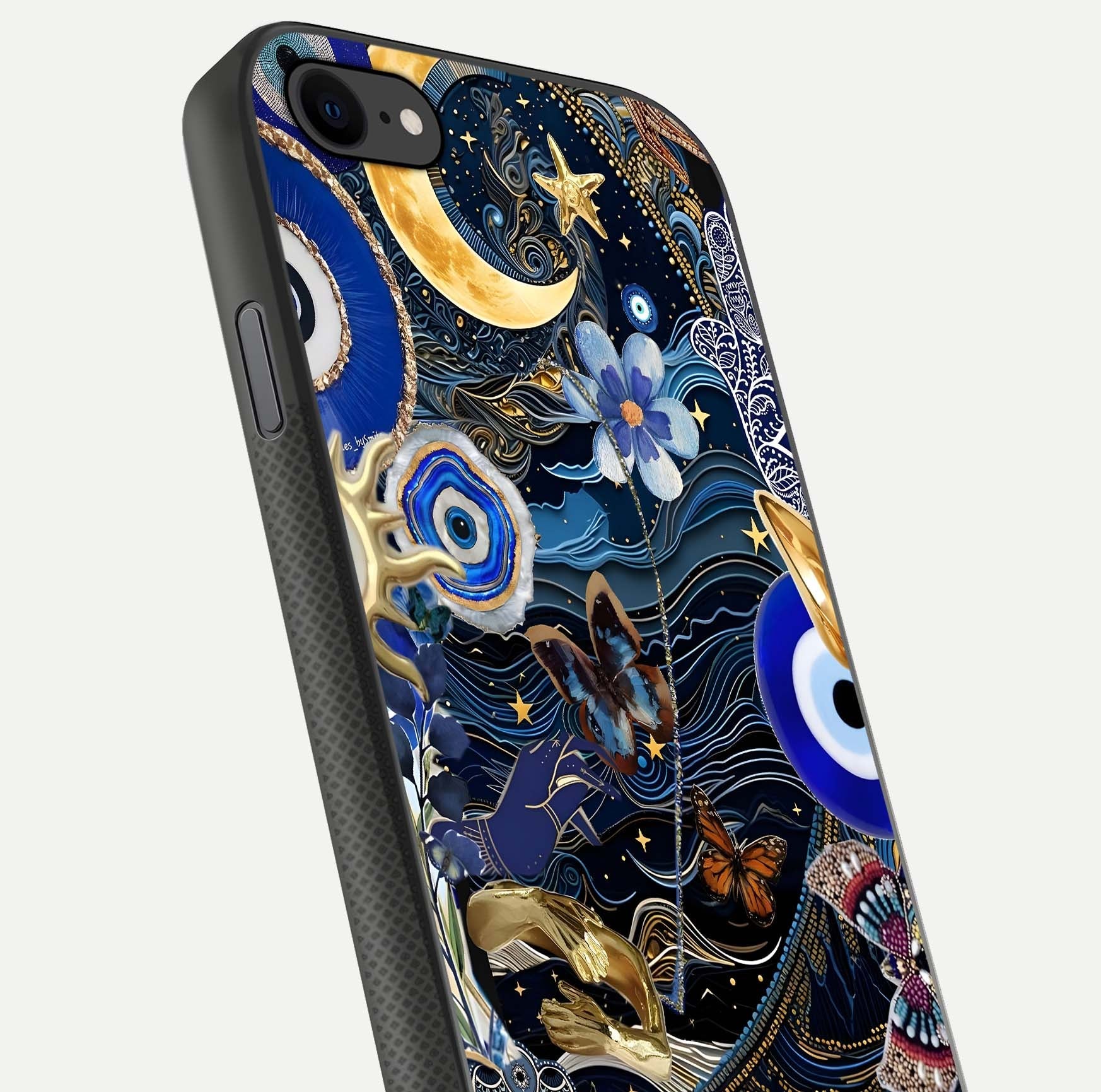Golden Moon Magic Glass Case for iPhone 8 close-up angled shot showing lunar glow, star detail, and reflection brightness