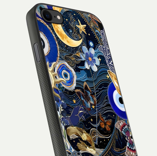 Golden Moon Magic Glass Case for iPhone 8 close-up angled shot showing lunar glow, star detail, and reflection brightness