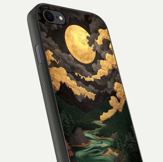 Golden River Moon Glass Case for iPhone 8 close-up angled shot showing moon reflection and water shine