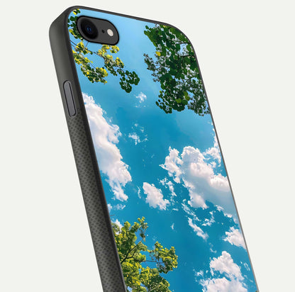 Greenery Sky Glass Case for iPhone 8 close-up angled shot showing leafy tones and reflection brightness