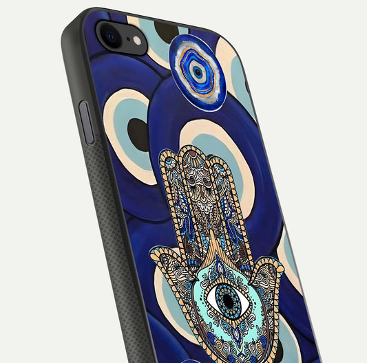 Hamsa Divine Guard Glass Case for iPhone 8 close-up angled shot showing detailed palm motif and reflection glow