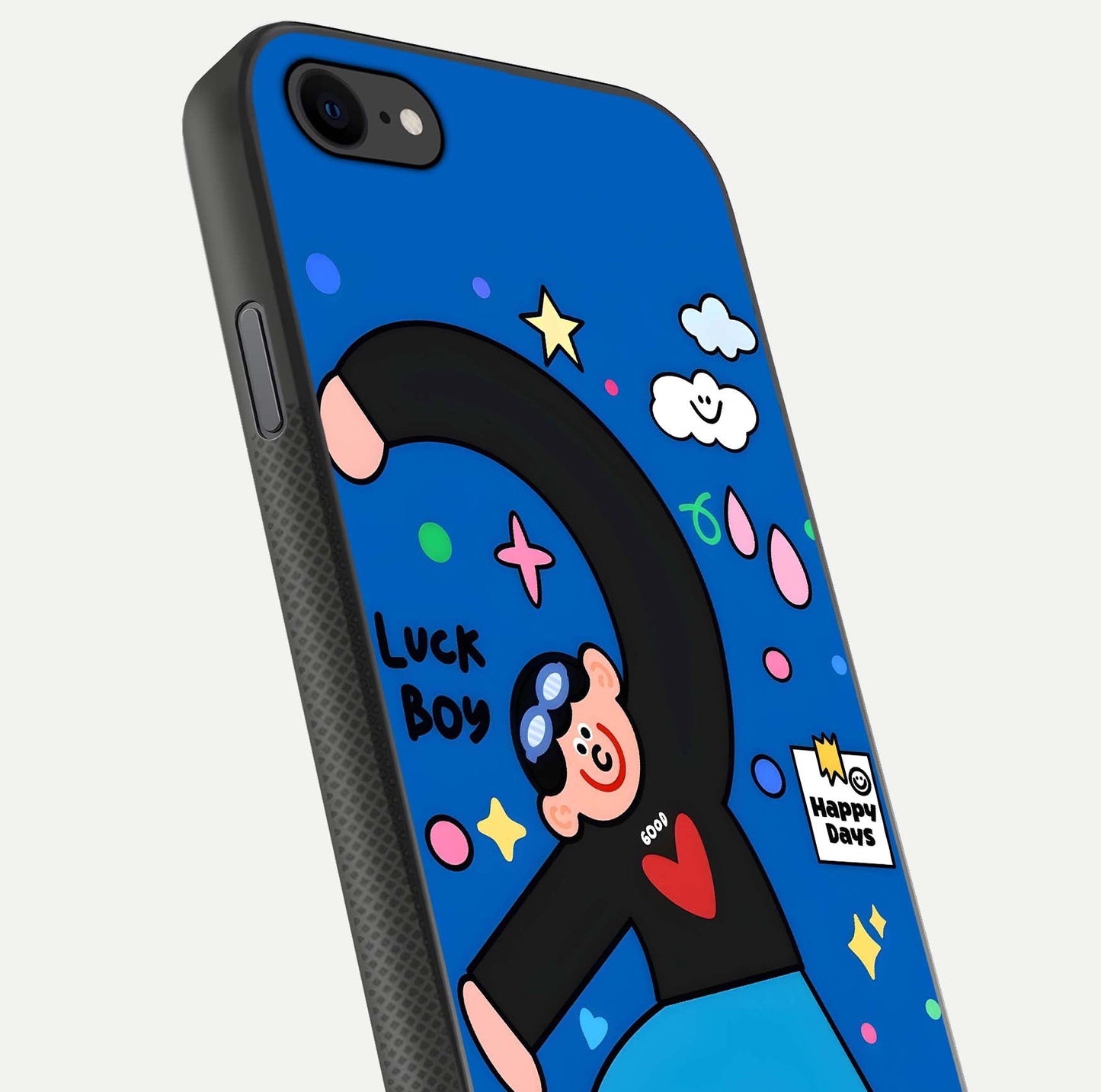 Happy Luck Vibe Glass Case for iPhone 8 close-up angled shot showing color details and reflection shine