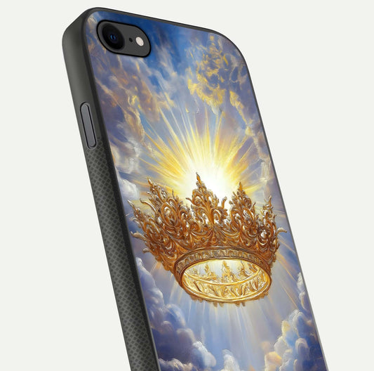 Heavenly Crown Light Glass Case for iPhone 8 close-up angled shot showing glowing halo details and smooth reflection