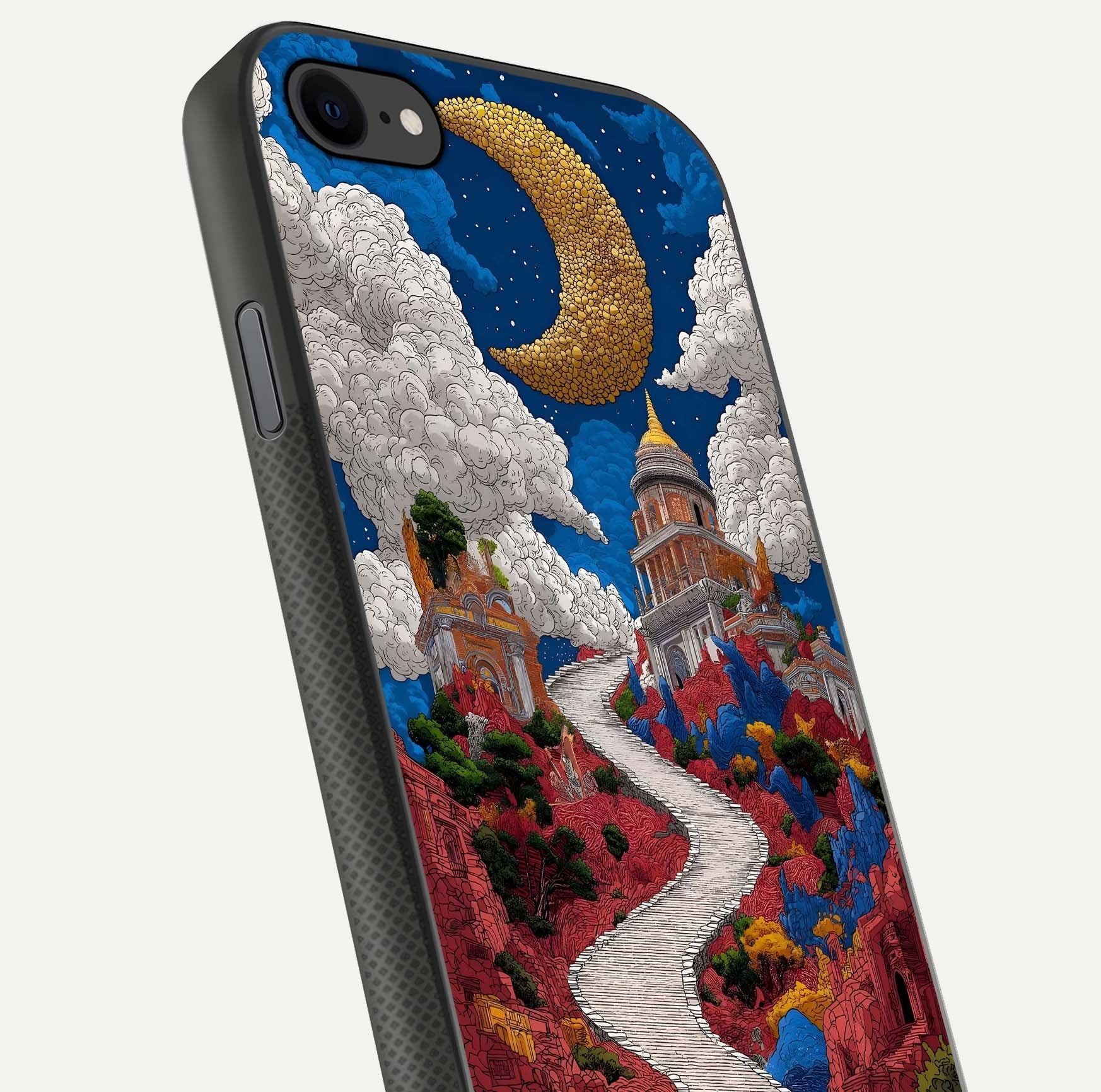 Heavenly Moon Path Glass Case for iPhone 8 close-up angled shot showing moon reflection and shimmer texture