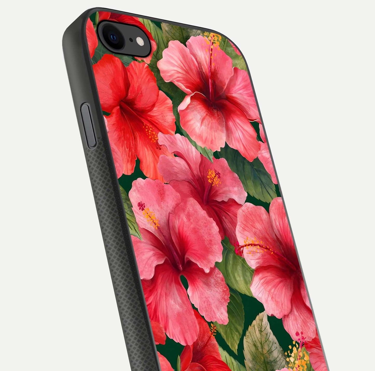 Hibiscus Pattern Glass Case for iPhone 8 close-up angled shot showing flower details and gloss reflection