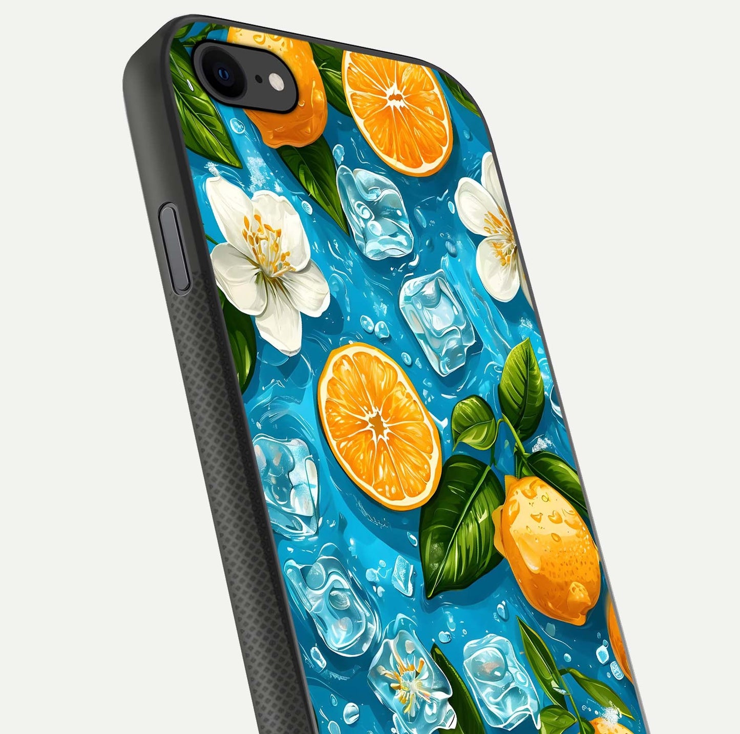Ice Cube With Orange Glass Case for iPhone 8 close-up angled shot showing orange slices and ice reflections