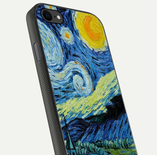 Inspired Van Gogh Art Glass Case for iPhone 8 close-up angled shot showing brushstroke texture and shine detail