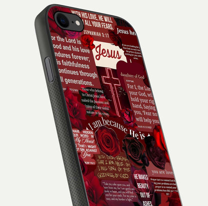 Jesus Love Heals Glass Case for iPhone 8 close-up angled shot showing healing text, cross detailing, and reflection