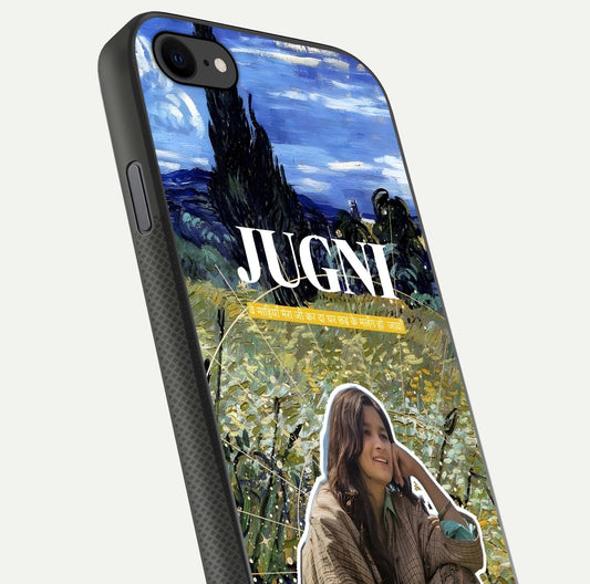 Jugni Soul Vibes Glass Case for iPhone 8 close-up angled shot showing typography detail and vibrant gloss reflection