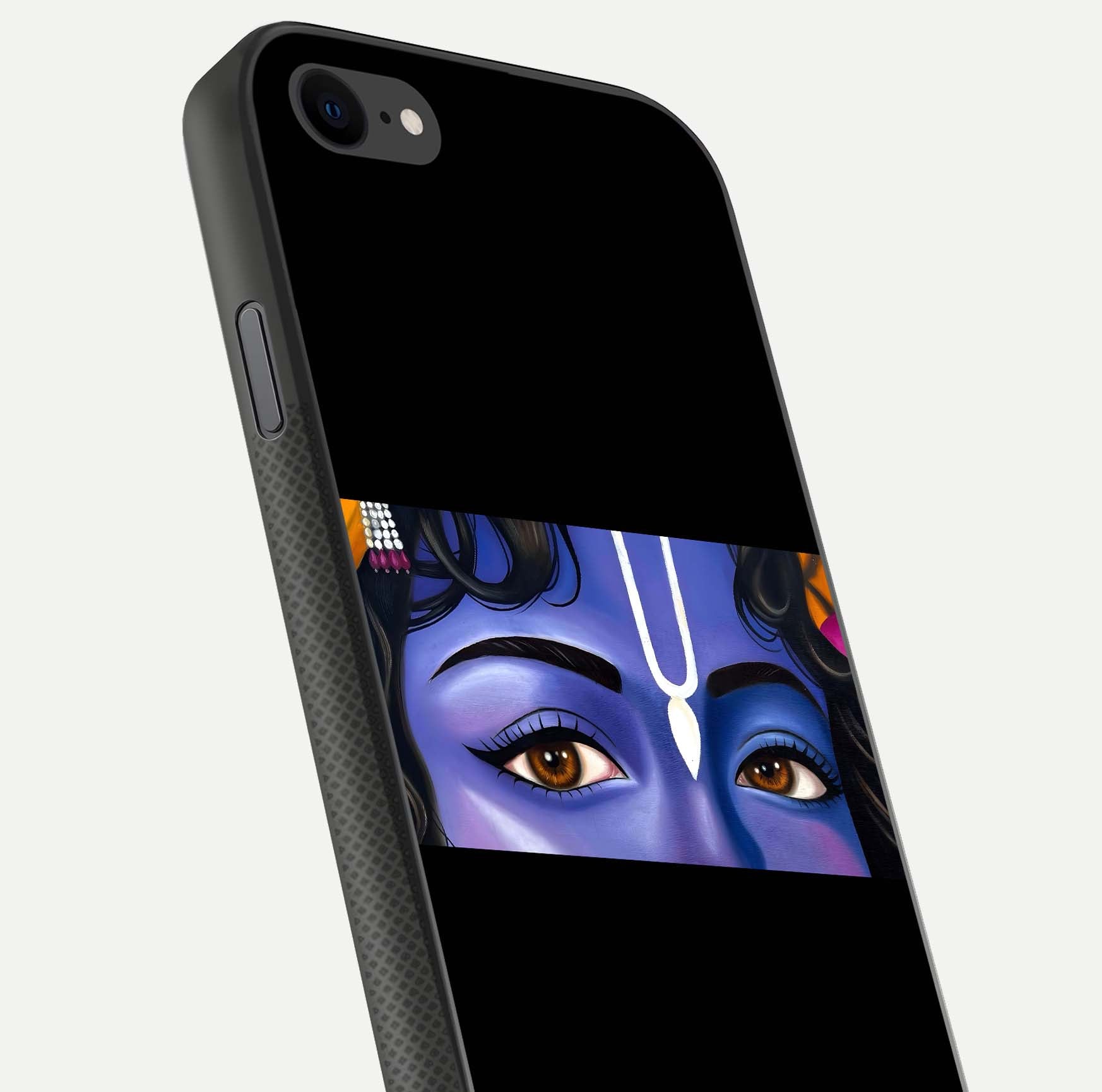 Krishna Eye Glass Case for iPhone 8 close-up angled shot showing intricate artwork and reflection shine