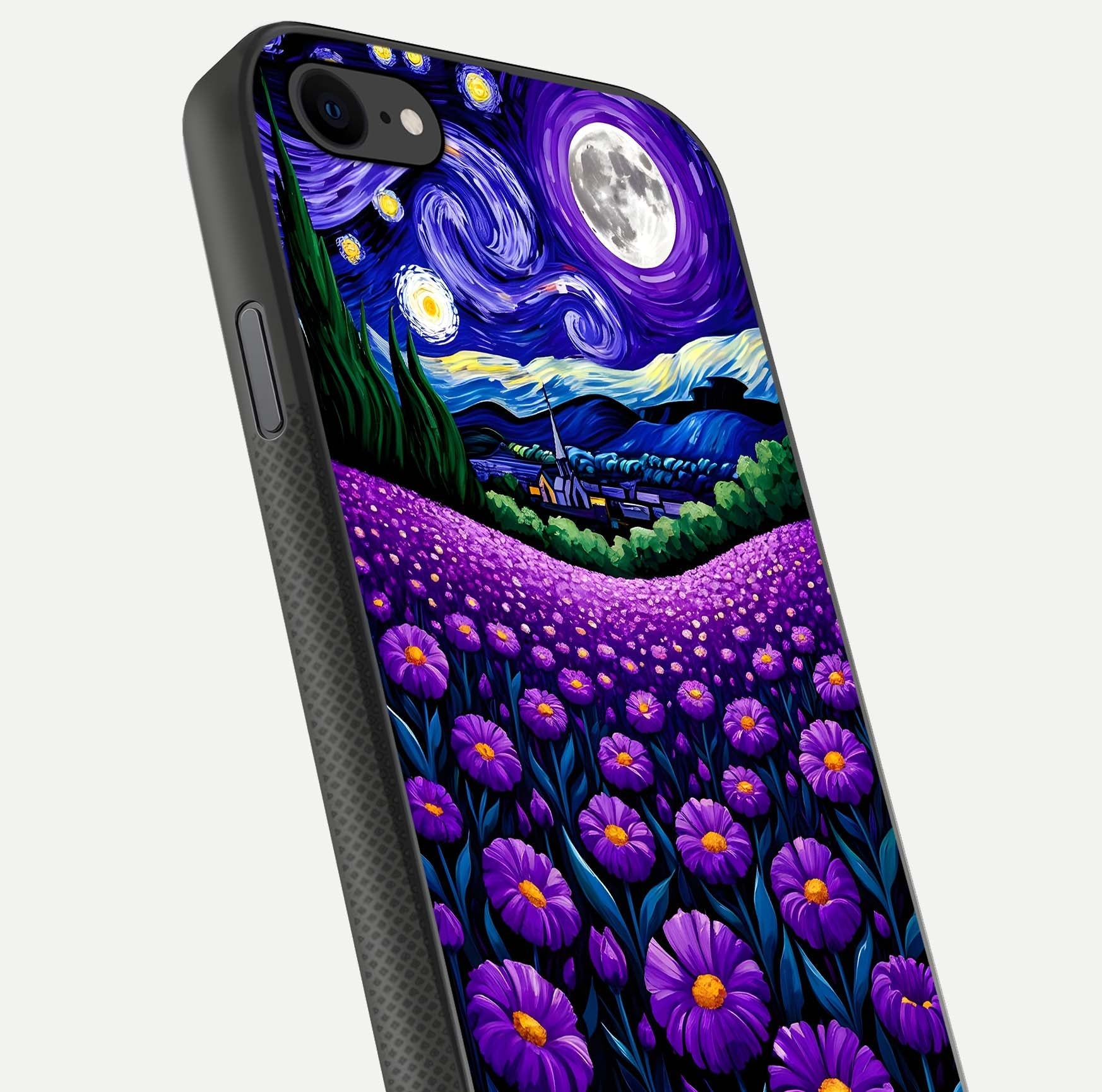 Lavender Moon Field Glass Case for iPhone 8 close-up angled shot showing moon glow and purple detailing