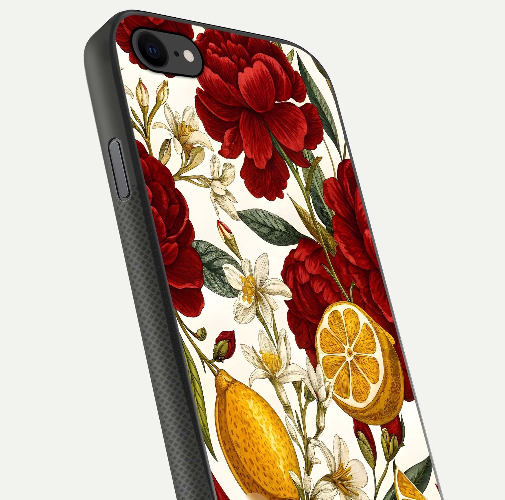 Lemon Rose Charm Glass Case for iPhone 8 angled close-up showing vivid rose details and HD glass reflection