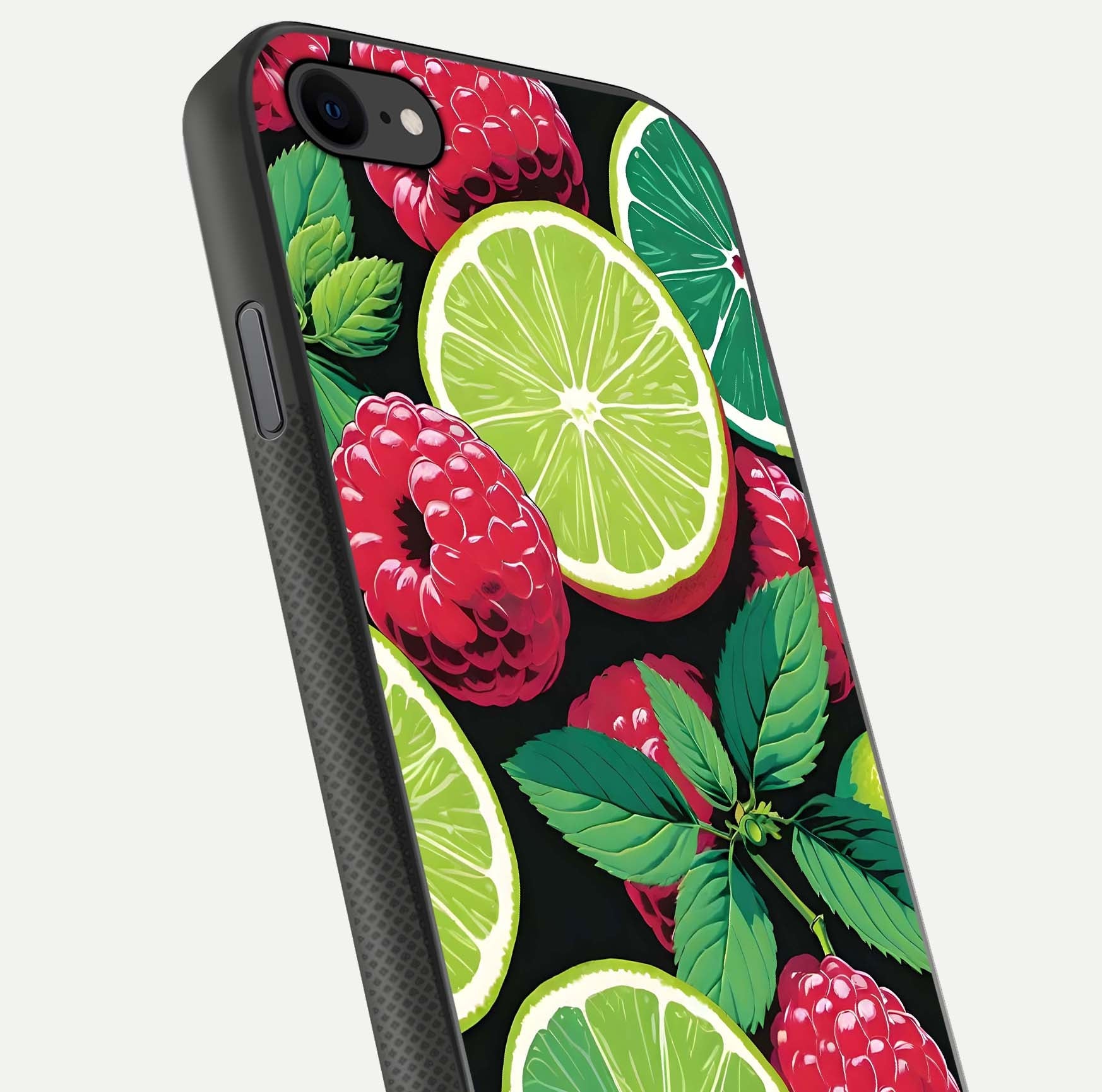 Lime and Raspberry Pattern Glass Case for iPhone 8 angled close-up showing fruit texture and reflection glow