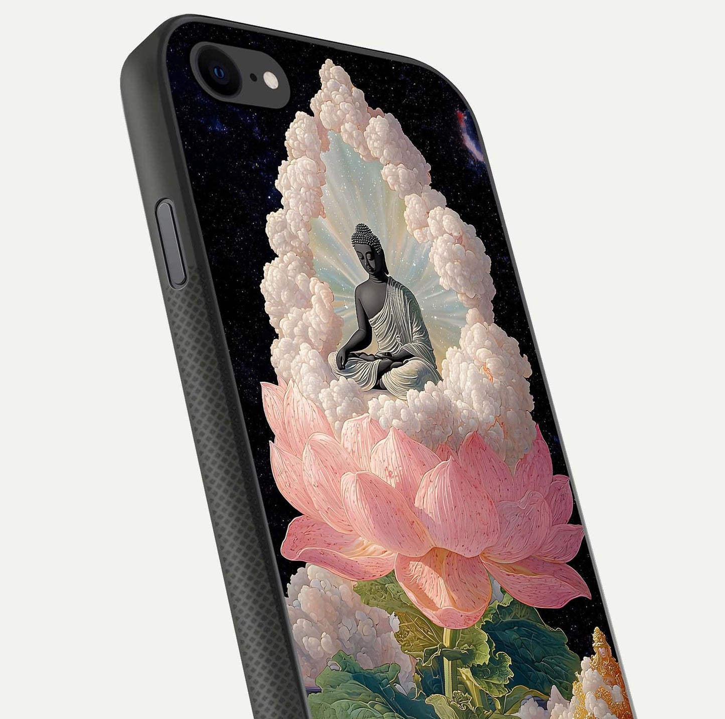 Lotus Divine Peace Glass Case for iPhone 8 angled close-up showing delicate petals and gloss reflection