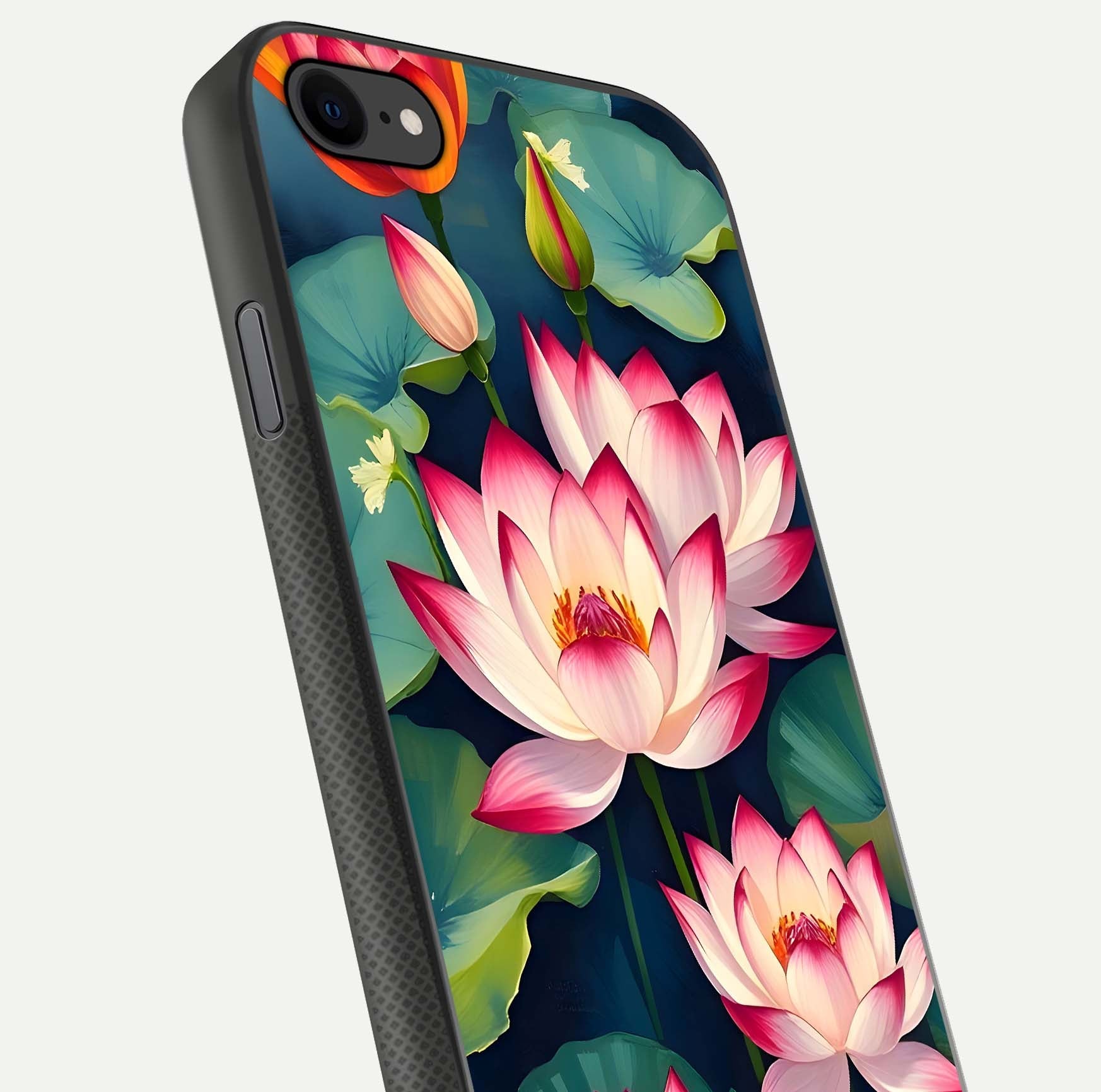 Lotus Dream Serenity Glass Case for iPhone 8 close-up angled shot showing floral details and soft shine