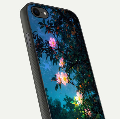 Midnight Bloom Glow Glass Case for iPhone 8 close-up angled shot showing petal highlights and glow reflection