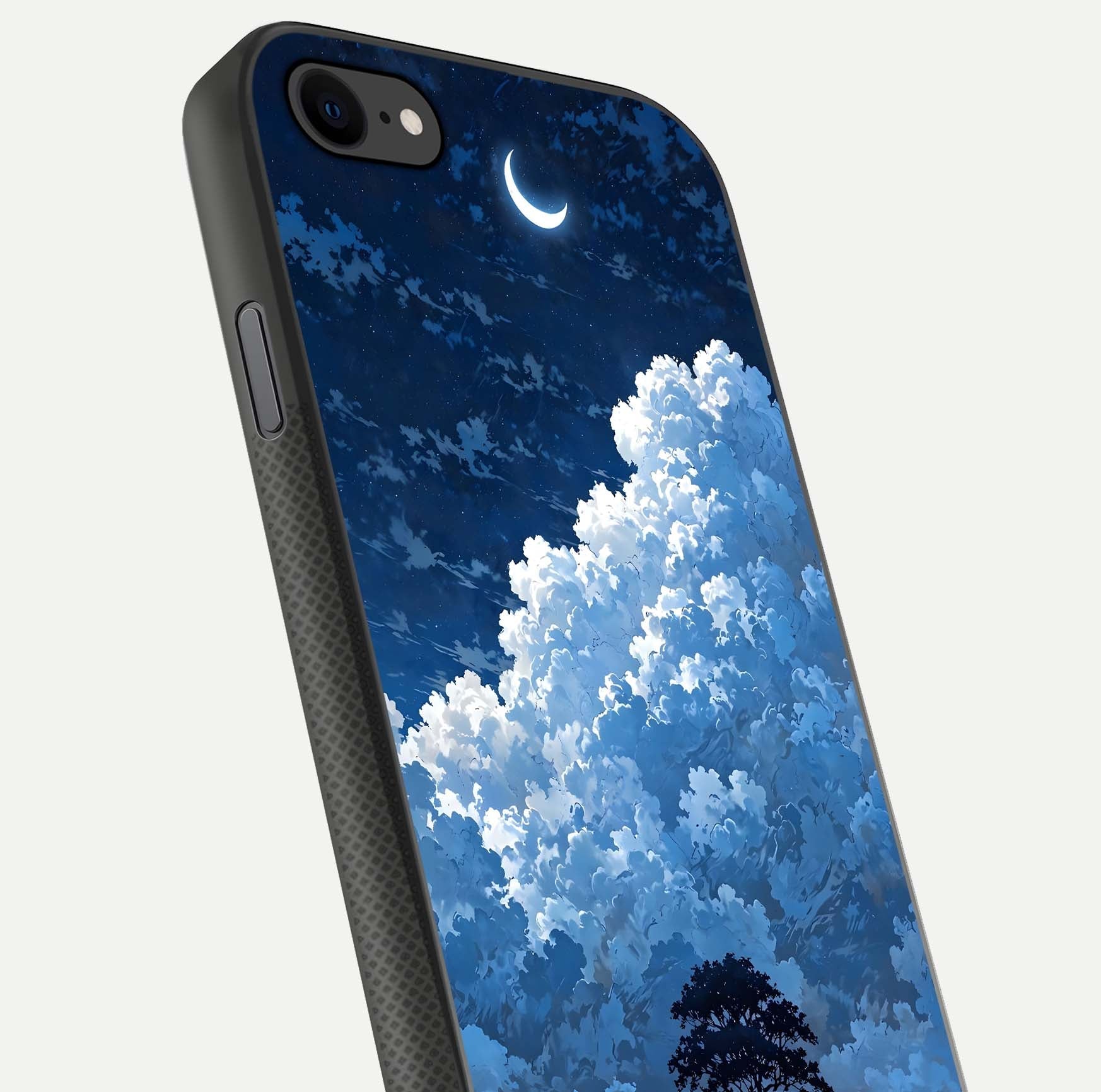 Midnight Sky Serenity Glass Case for iPhone 8 close-up angled shot showing starlit tones and reflection