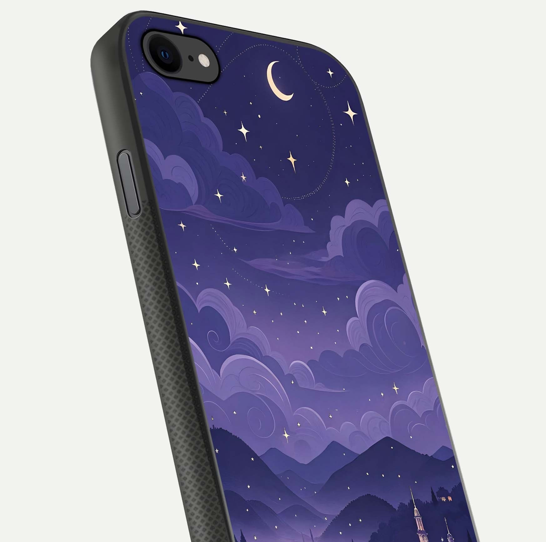 Minimal Night View Glass Case for iPhone 8 close-up angled shot showing lights reflection and dark tone details