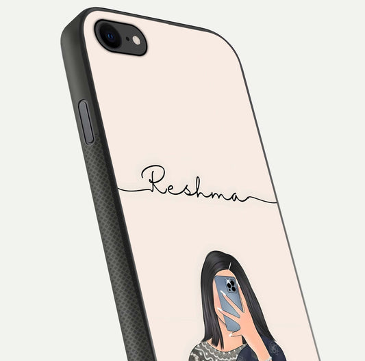 Mirror Mood Muse Custom Name Glass Case for iPhone 8 close-up angled shot highlighting gloss and mirror depth