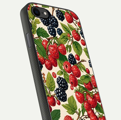 Mixed Berry Collage Glass Case for iPhone 8 close-up angled shot showing fruit detail and reflection glow