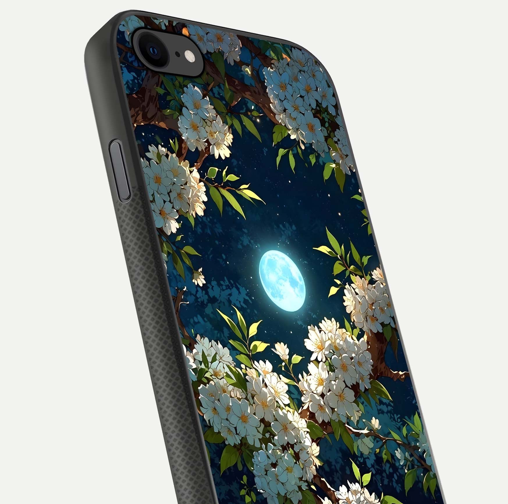 Moonlit Blossom Dream Glass Case for iPhone 8 close-up angled shot showing glowing petals and reflection