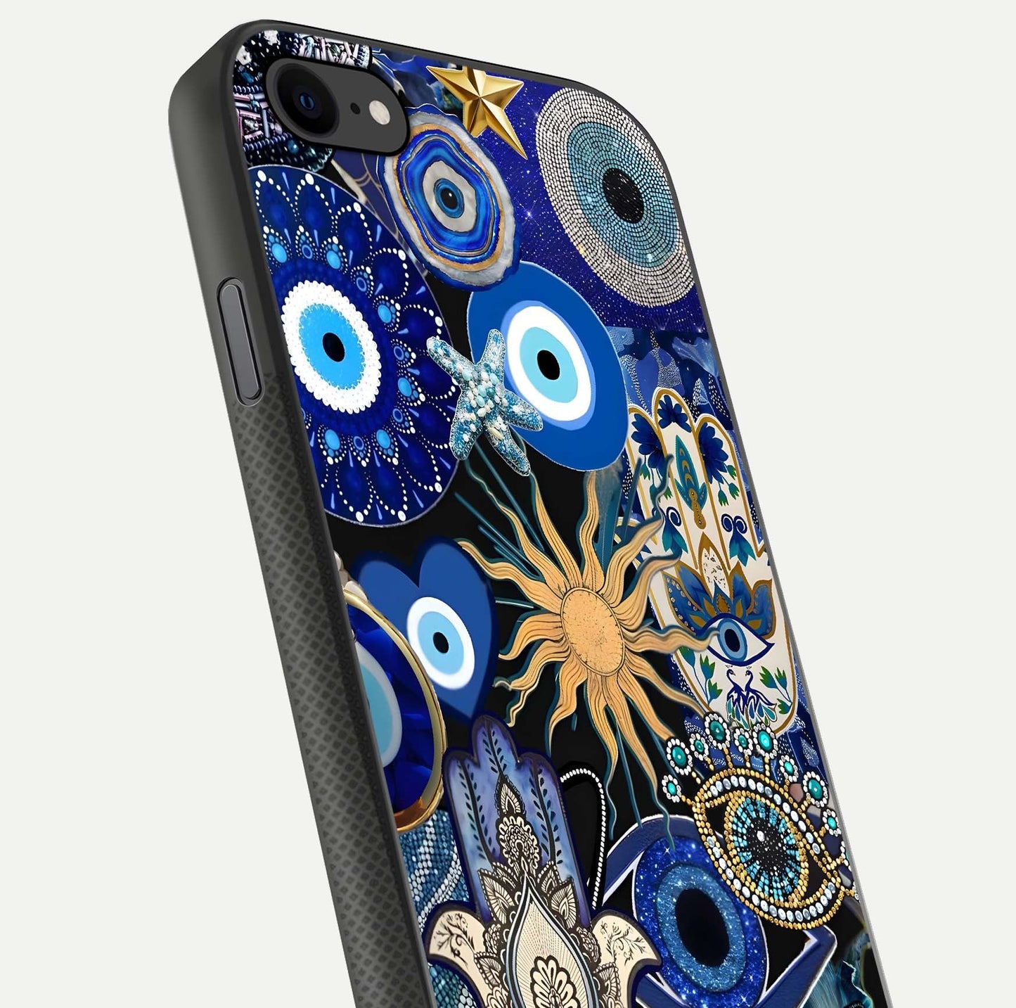 Mystic Blue Evil Eye Glass Case for iPhone 8 close-up angled shot highlighting mystical glow and HD reflection