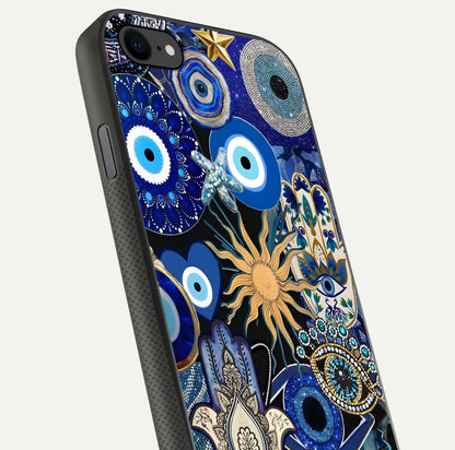 Mystic Blue Evil Eye Glass Case for iPhone 8 close-up angled shot highlighting mystical glow and HD reflection