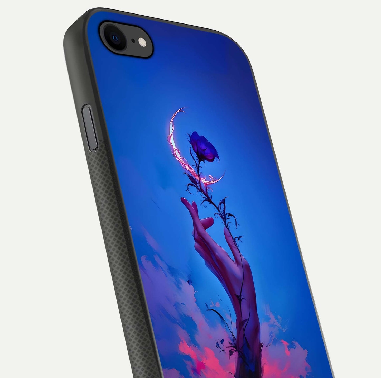 Mystic Hand Glass Case for iPhone 8 close-up angled shot showing spiritual markings and reflection