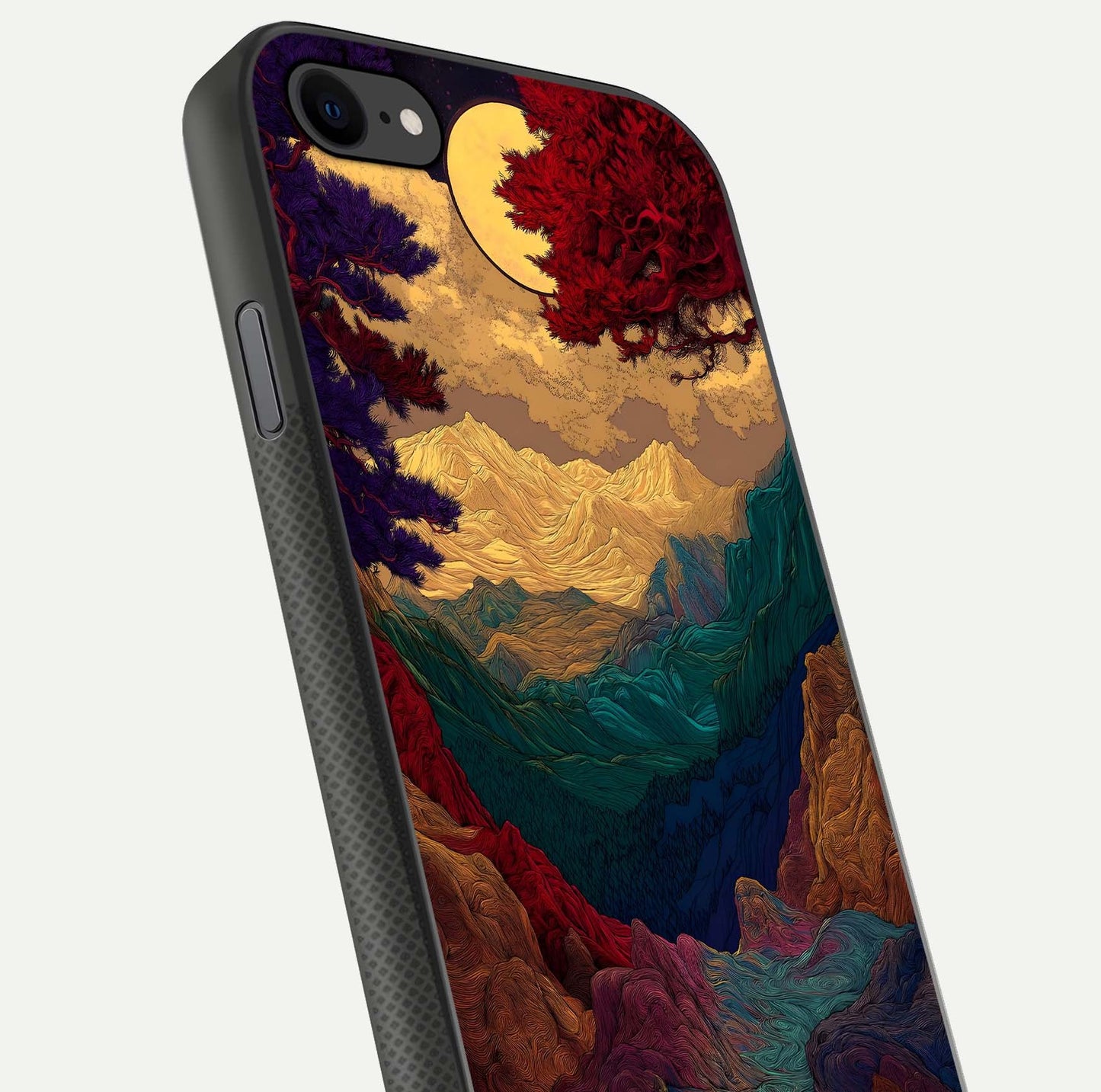 Mystic Valley Light Glass Case for iPhone 8 close-up angled shot highlighting gradient sky and reflection