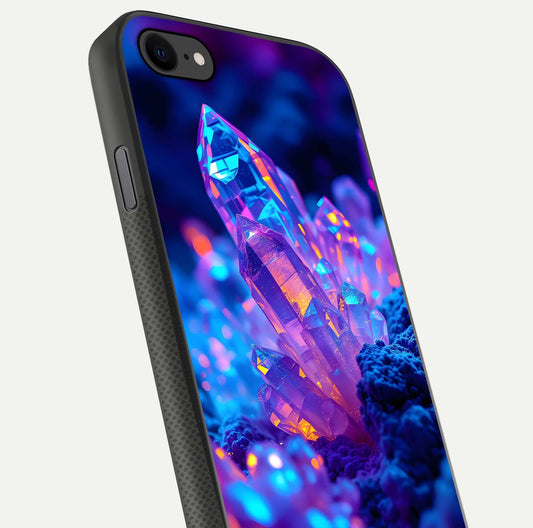 Neon Aura Shards Glass Case for iPhone 8 close-up angled shot highlighting fragment pattern and reflection