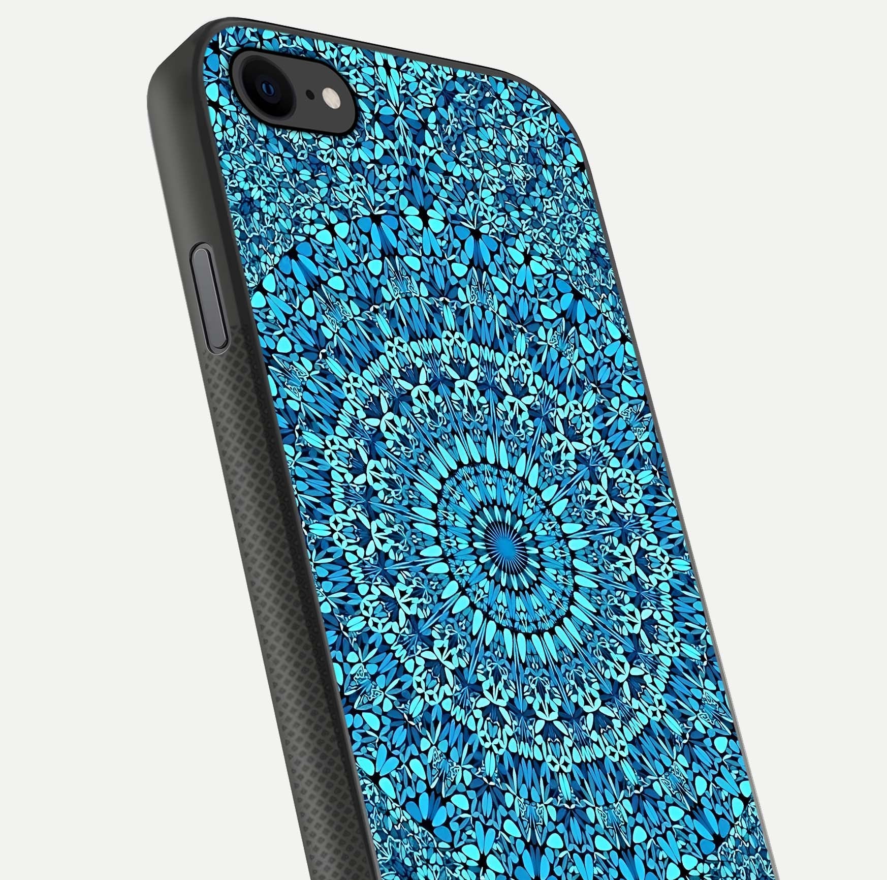 Ocean Bloom Mandala Glass Case for iPhone 8 close-up angled shot highlighting detailed mandala and reflection