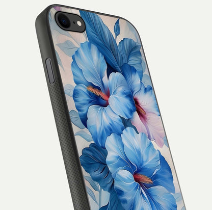 Ocean Hibiscus Grace Glass Case for iPhone 8 close-up angled shot highlighting floral glow and HD shine