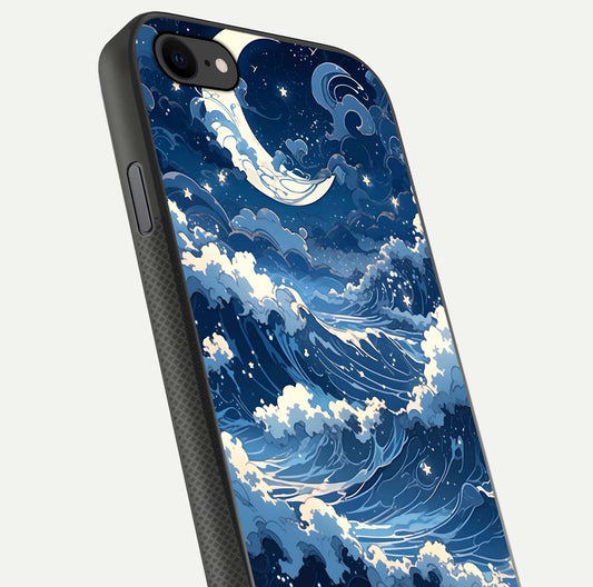 Ocean Moon Waves Glass Case for iPhone 8 close-up angled shot showing HD reflection and calm tones