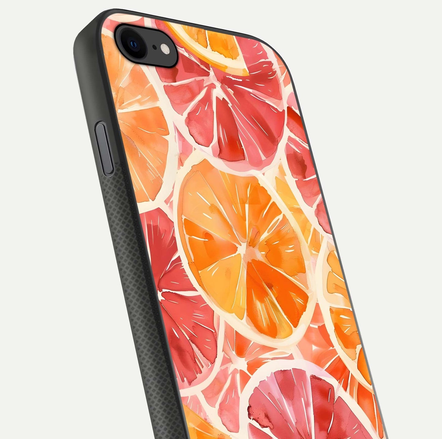 Orange Fruits Pattern Glass Case for iPhone 8 close-up angled shot showing juicy fruit texture and reflection