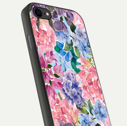 Pastel Floral Mix Glass Case for iPhone 8 close-up angled shot highlighting flower detail and reflection
