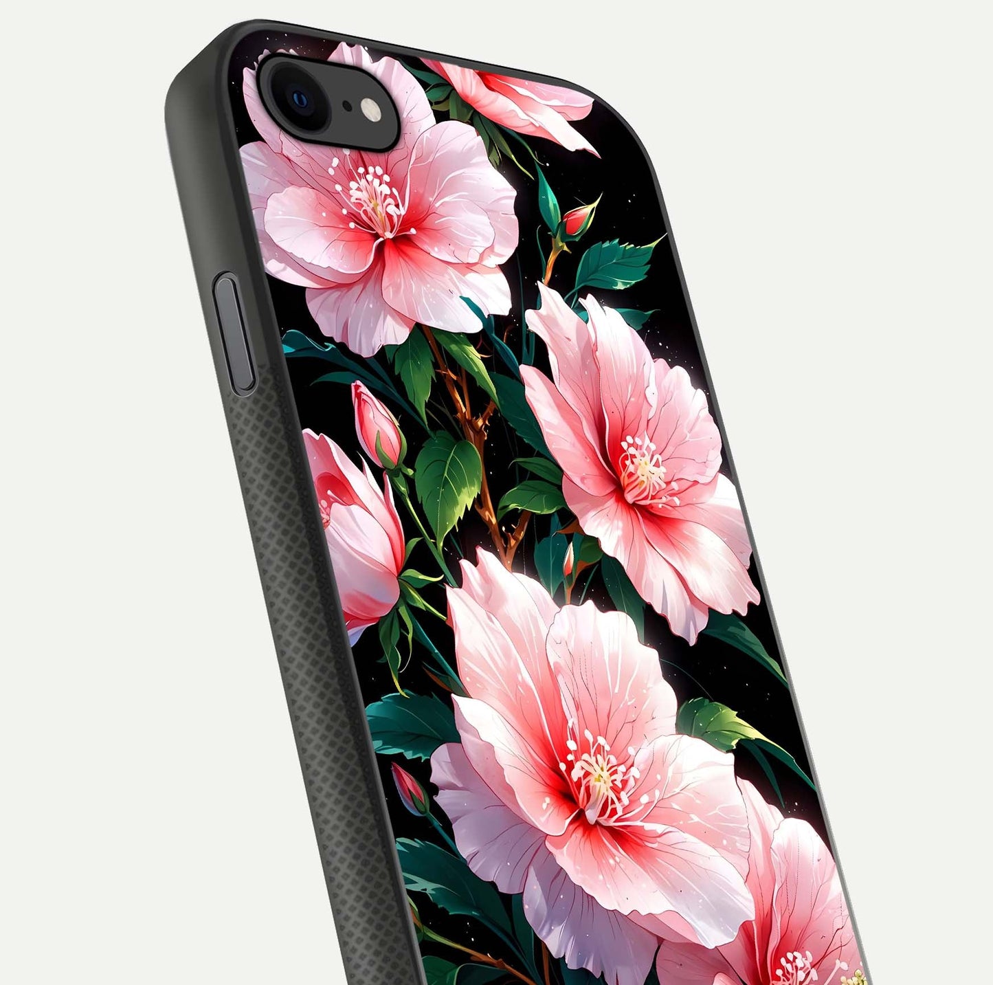 Peach Flower Glass Case for iPhone 8 close-up angled shot highlighting floral petals and HD glass reflection