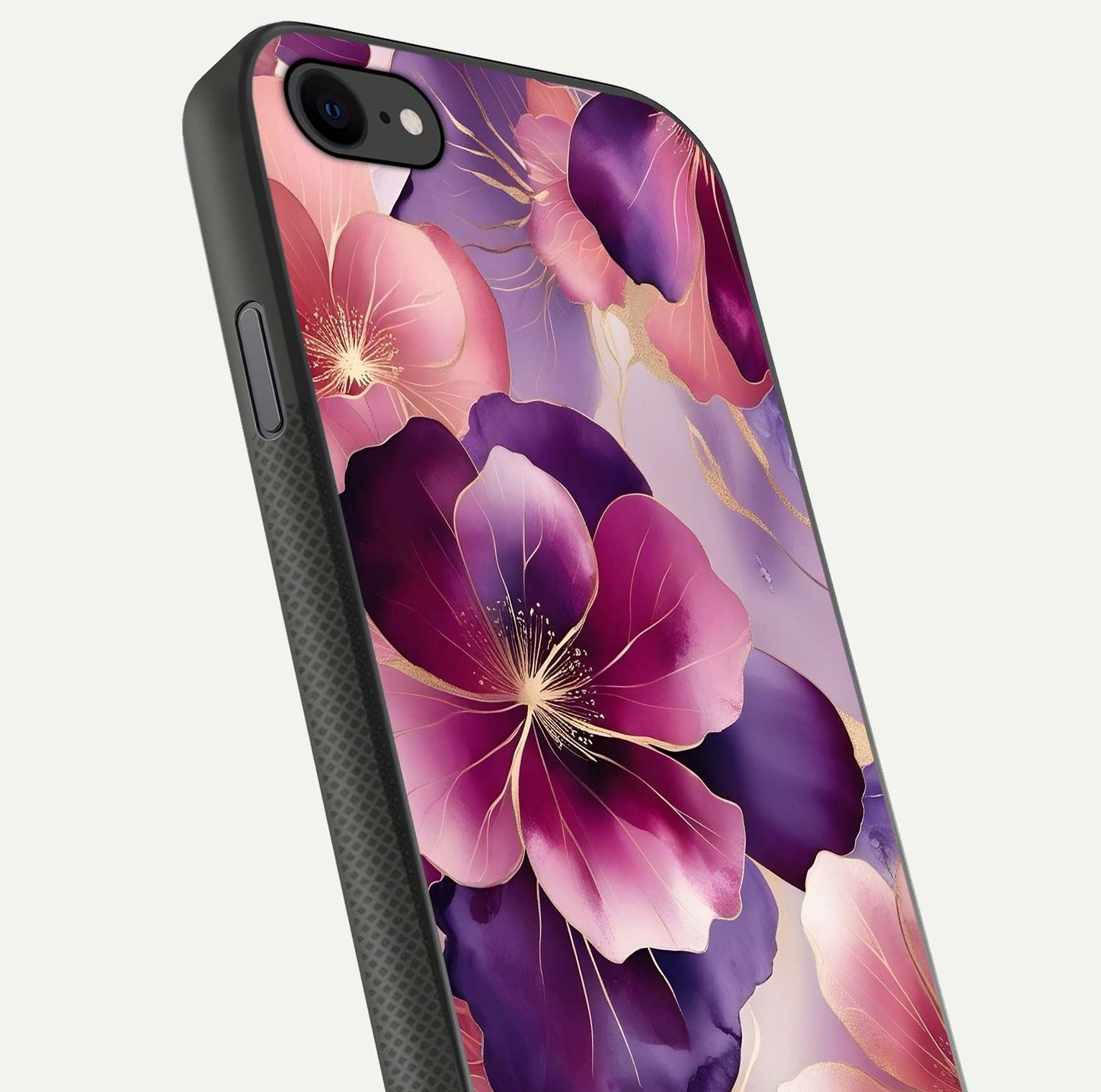 Pink Bouquet Florals Glass Case for iPhone 8 close-up angled shot showing bouquet details and reflection