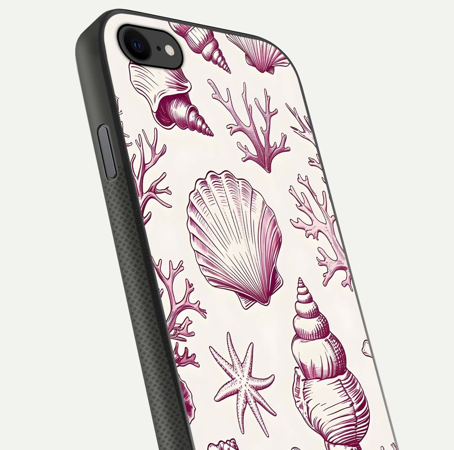 Pink Shells Outline Glass Case for iPhone 8 close-up angled shot showing fine shell lines and reflection
