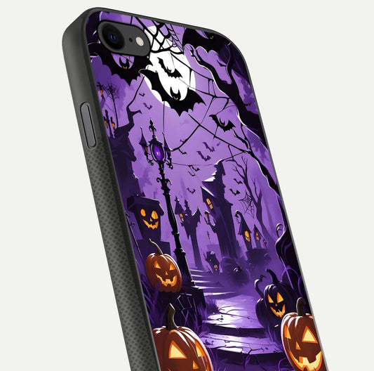 Pumpkin Patch Halloween Glass Case for iPhone 8 close-up angled shot highlighting pumpkin texture and shine