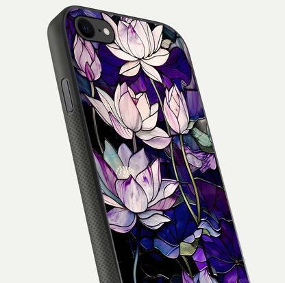 Purple Lotus Pattern Glass Case for iPhone 8 close-up angled shot showing petal texture and HD reflection