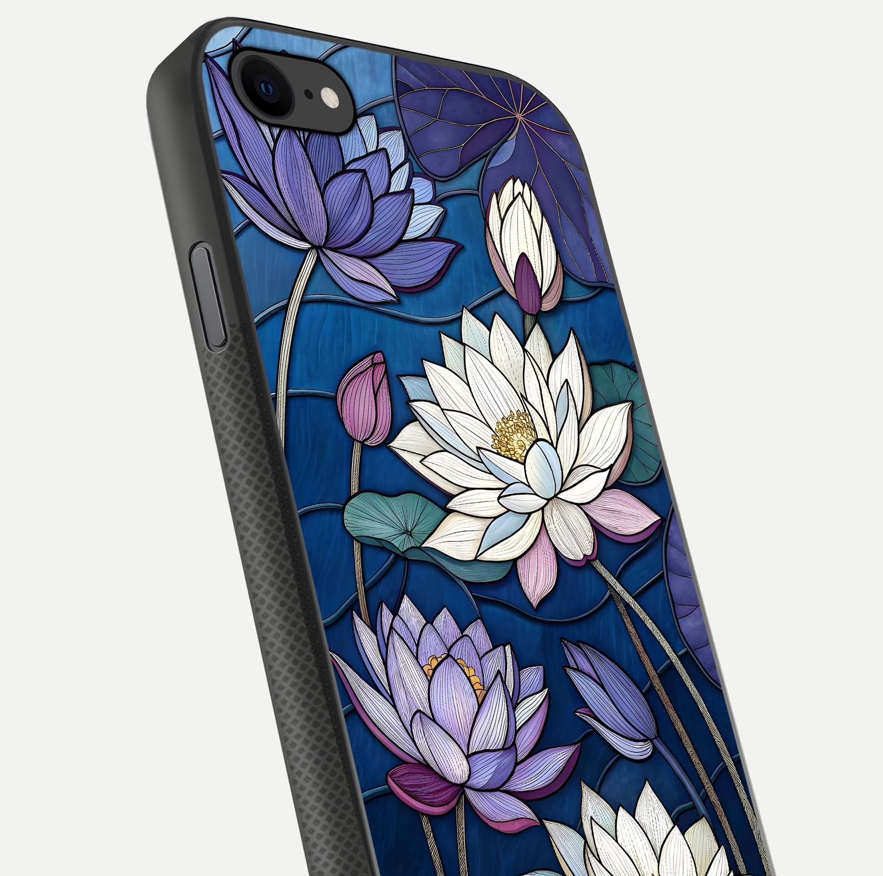 Purple Lotus Stained Glass Case for iPhone 8 close-up angled shot highlighting glass pattern and reflection