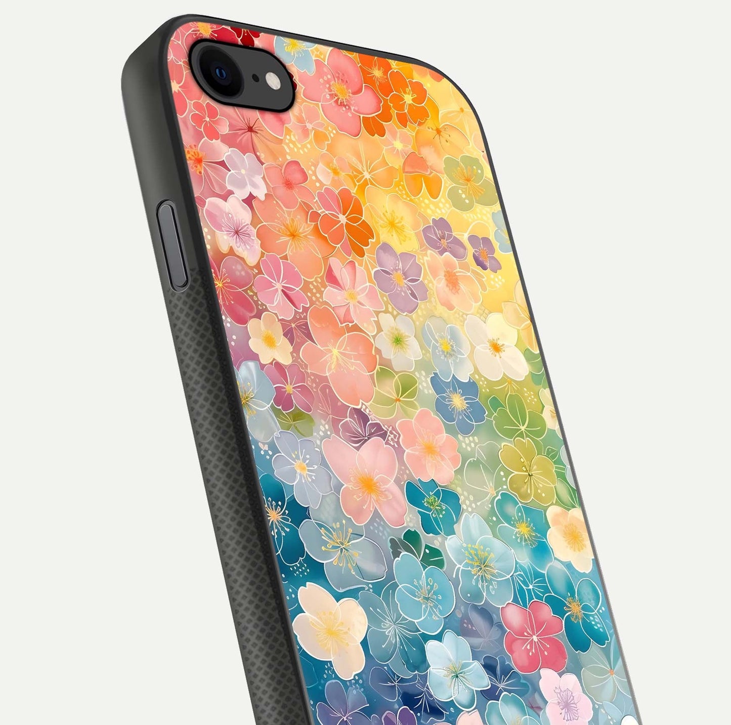 Rainbow Blossom Burst Glass Case for iPhone 8 close-up angled shot showing petal colors and reflection