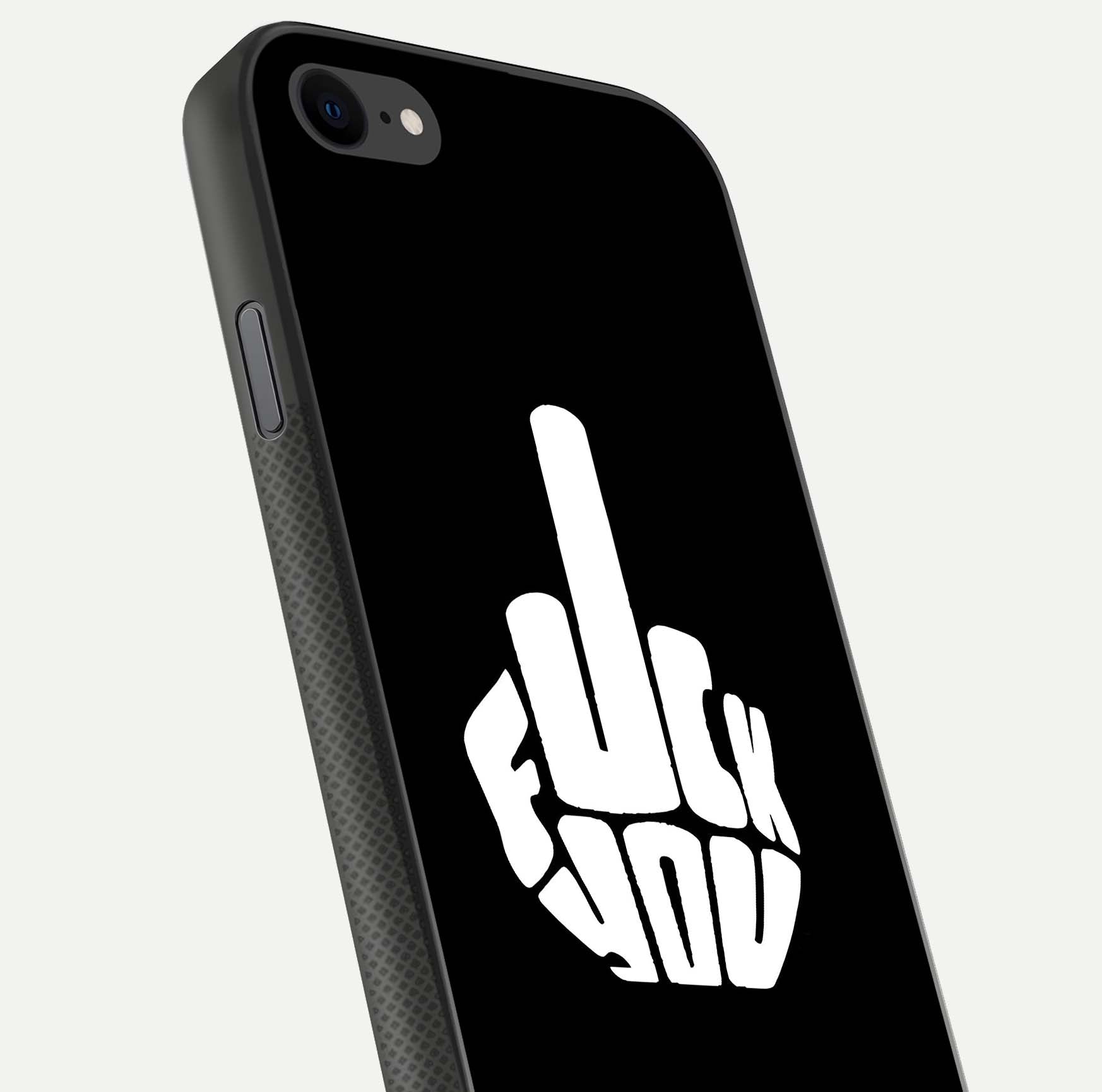 Rebel Mode On Glass Case for iPhone 8 close-up angled shot highlighting reflective text and sharp design