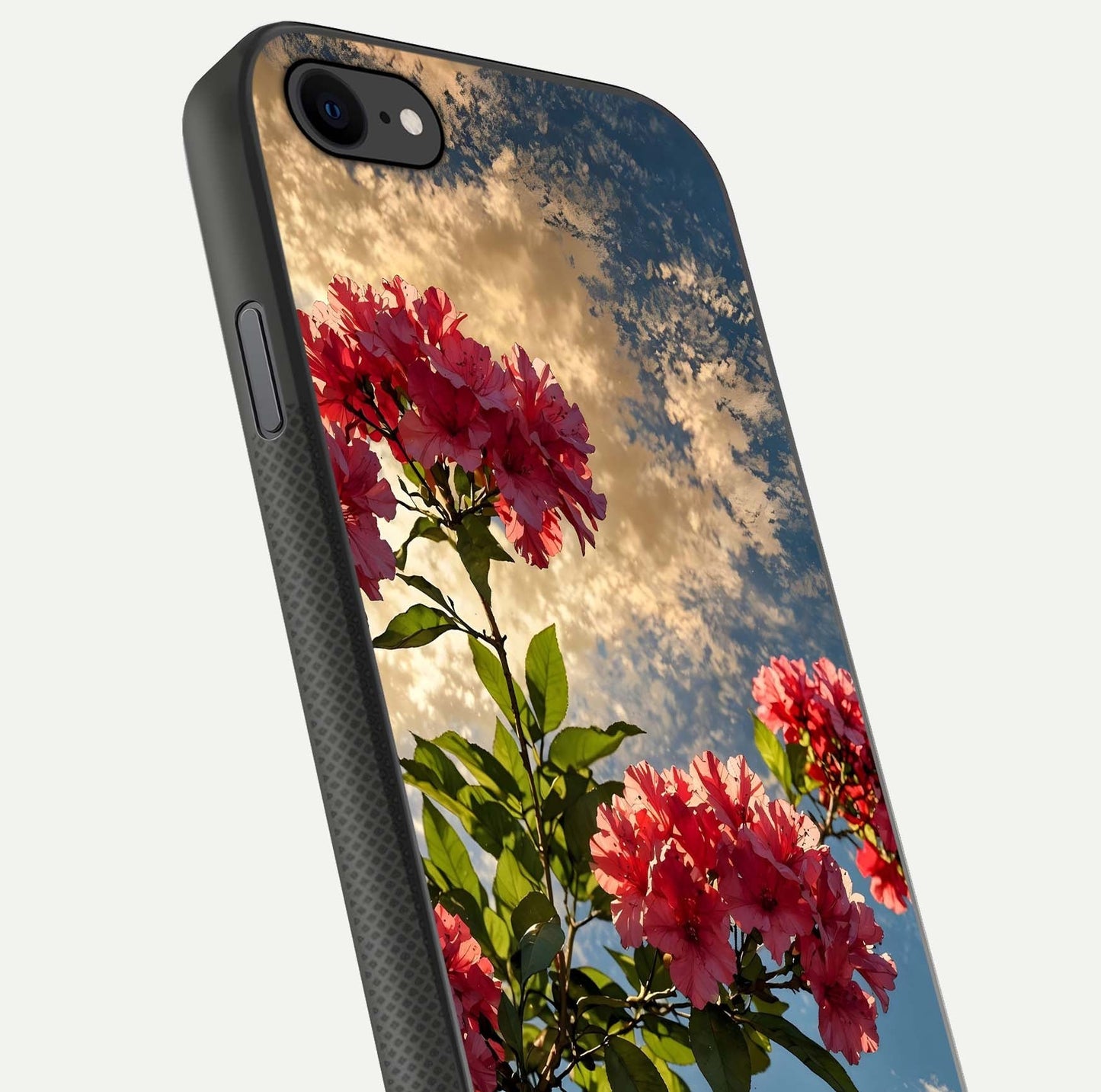 Red Bloom Skies Glass Case for iPhone 8 close-up angled shot highlighting detailed blooms and reflection