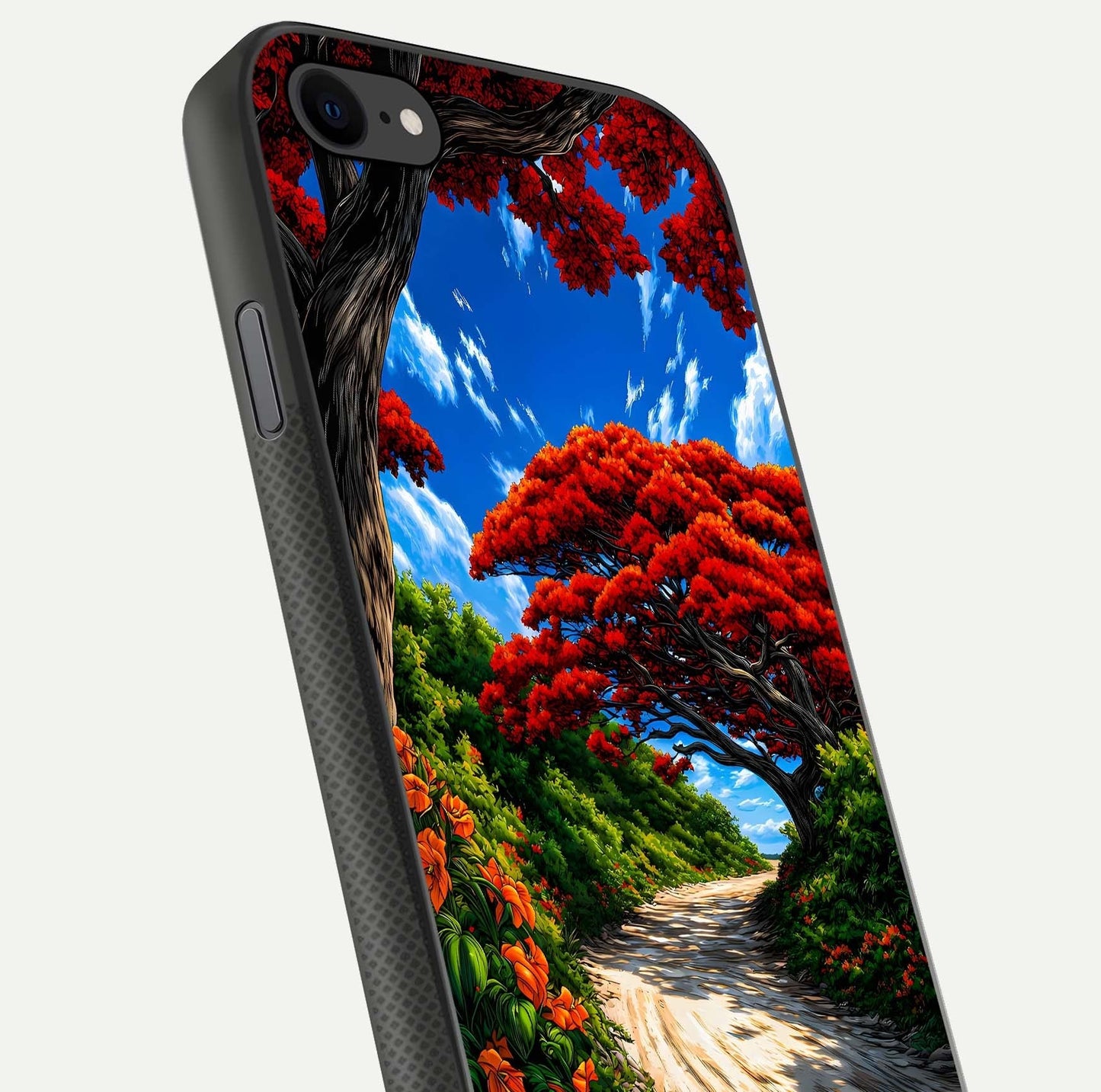 Red Trees Pathway Glass Case for iPhone 8 close-up angled shot highlighting forest detail and reflection