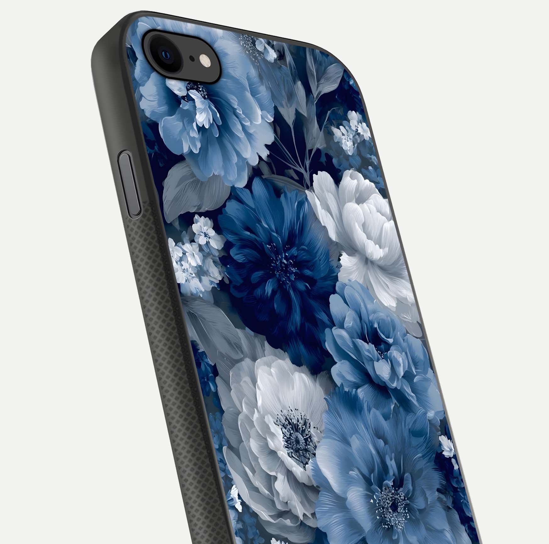Royal Bloom Garden Glass Case for iPhone 8 close-up angled shot highlighting royal bloom texture and reflection