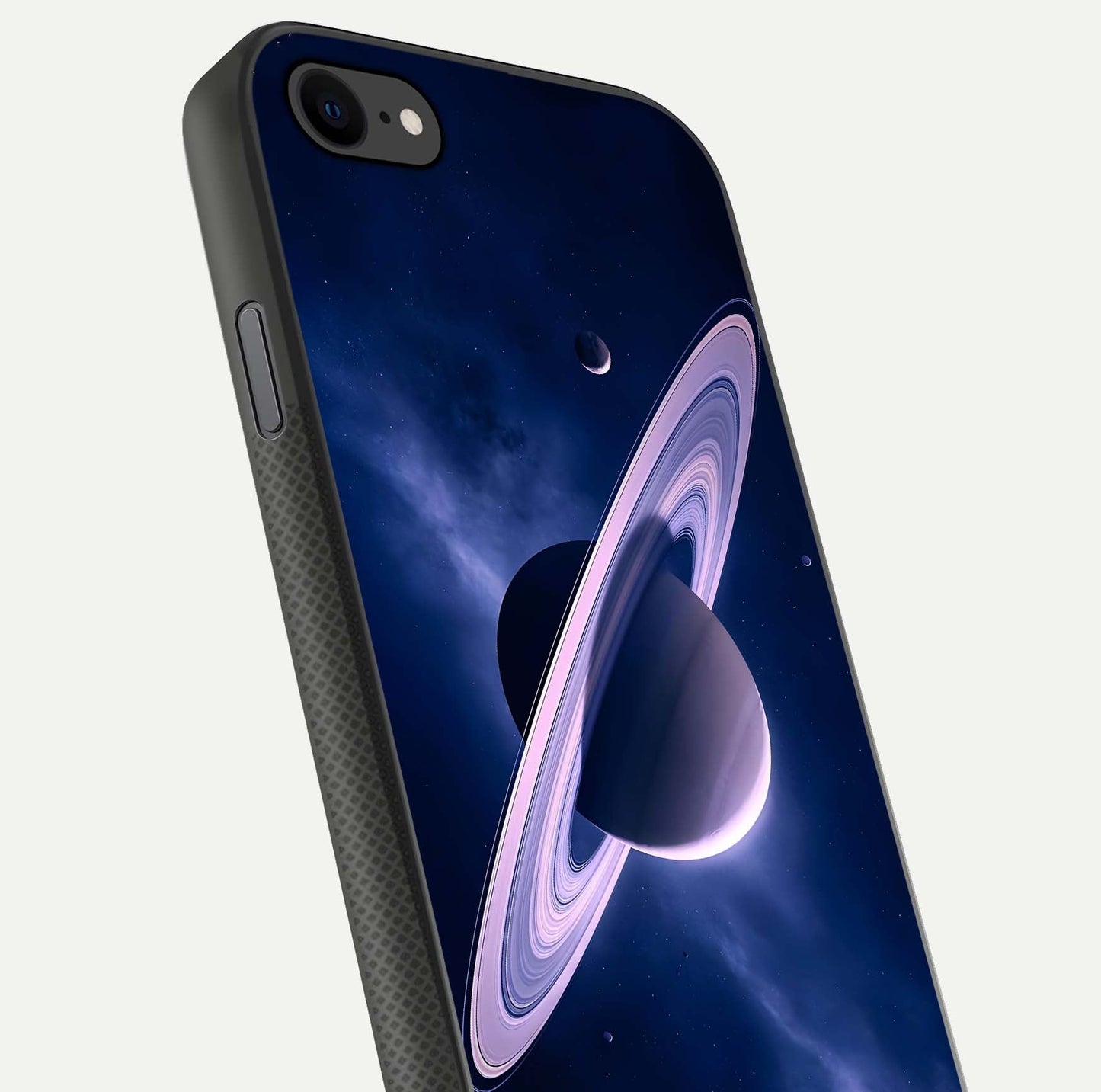 Saturn Ring Mystique Glass Case for iPhone 8 close-up angled shot highlighting ring detail and HD reflection