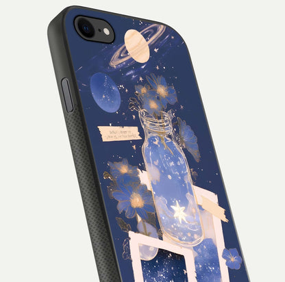 Starlit Cosmic Jar Glass Case for iPhone 8 close-up angled shot highlighting stars, reflections, and HD shine